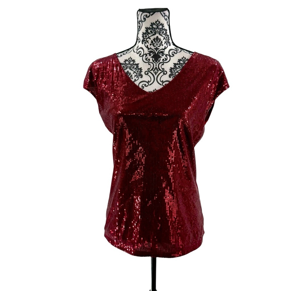 The Limited Burgundy Sequin V-Neck Blouse Top Size M Party Holiday Glam